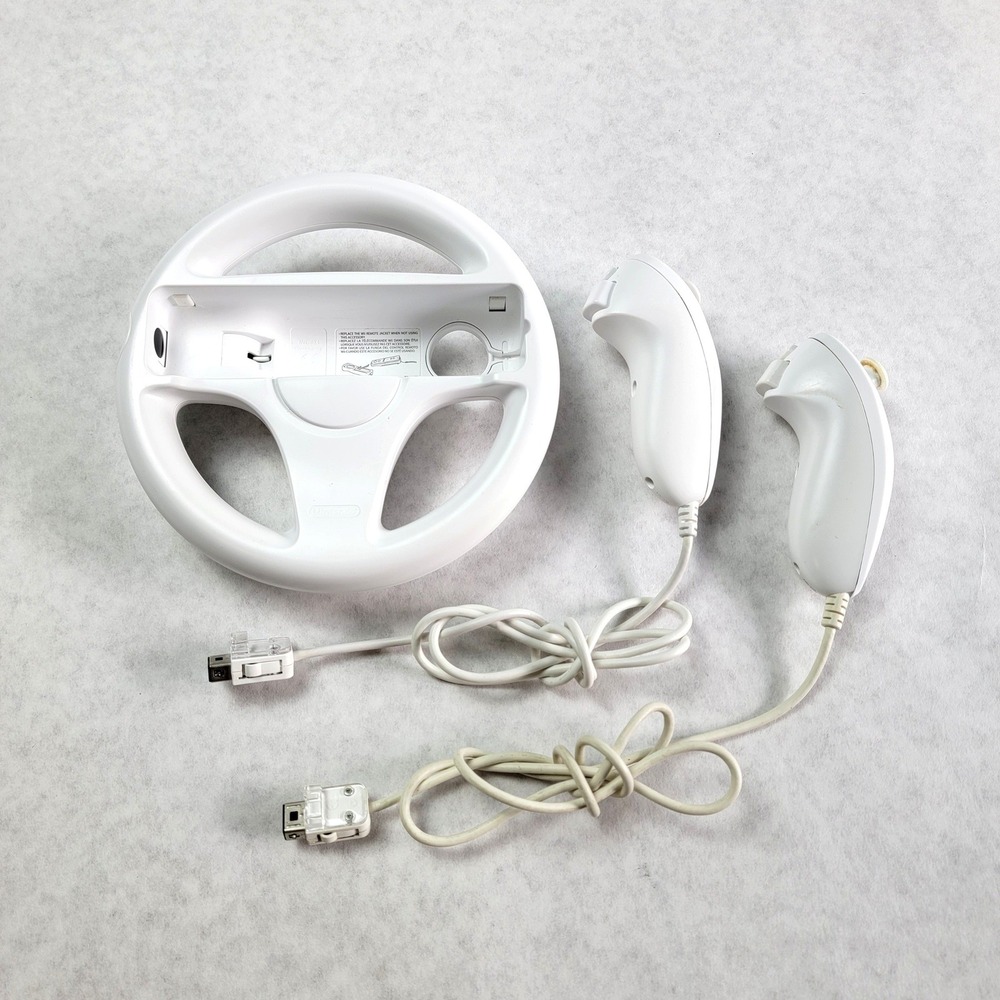 Nintendo Wii Accessory Bundle White Wii Wheel RVL-024 and 2 Nunchucks RVL-004